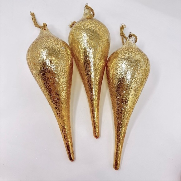 Large Gold Blown Glass Tear Drop Crackled Ornaments 11 1/2” Set Of 3